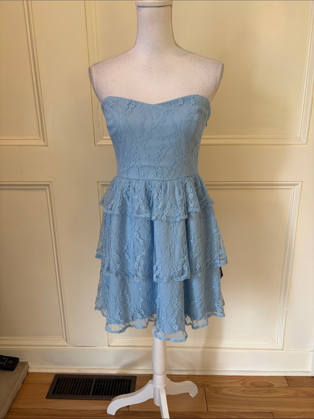 Lulu's Powder Blue Strapless Lace Tiered Cocktail Dress
